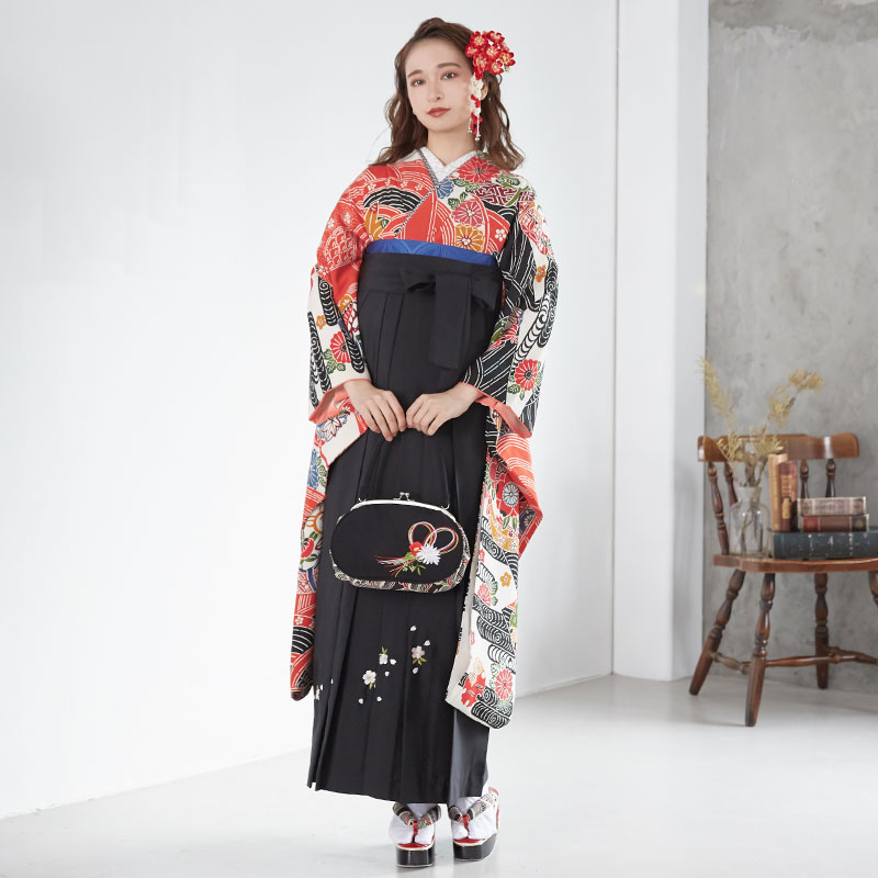  【SALE】 白赤 紅型 花紋に青海波  絹  宅 レンタル 振袖袴 R867