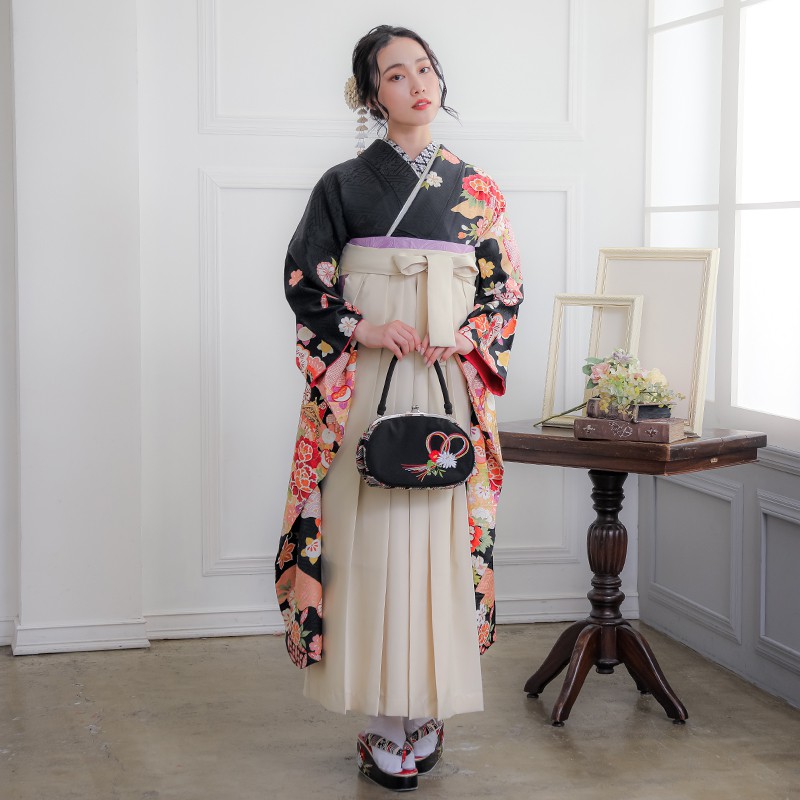  【SALE】 黒 山鉾に吉祥文様  絹 レンタル 振袖袴 R852