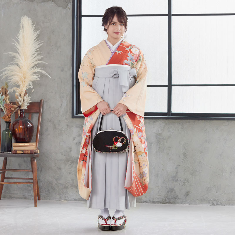  【SALE】 クリーム 花車に入船  絹 レンタル 振袖袴 R849