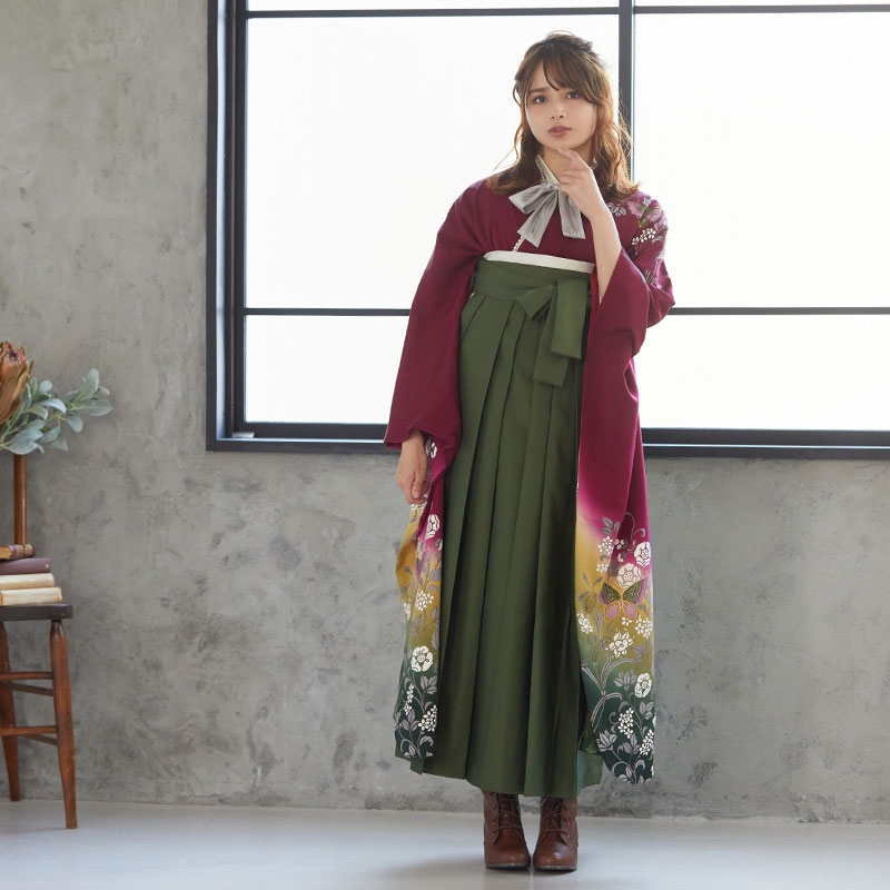  ワイン 蝶と蔓草花 絹  宅  Web限定商品 レンタル 振袖袴 R834