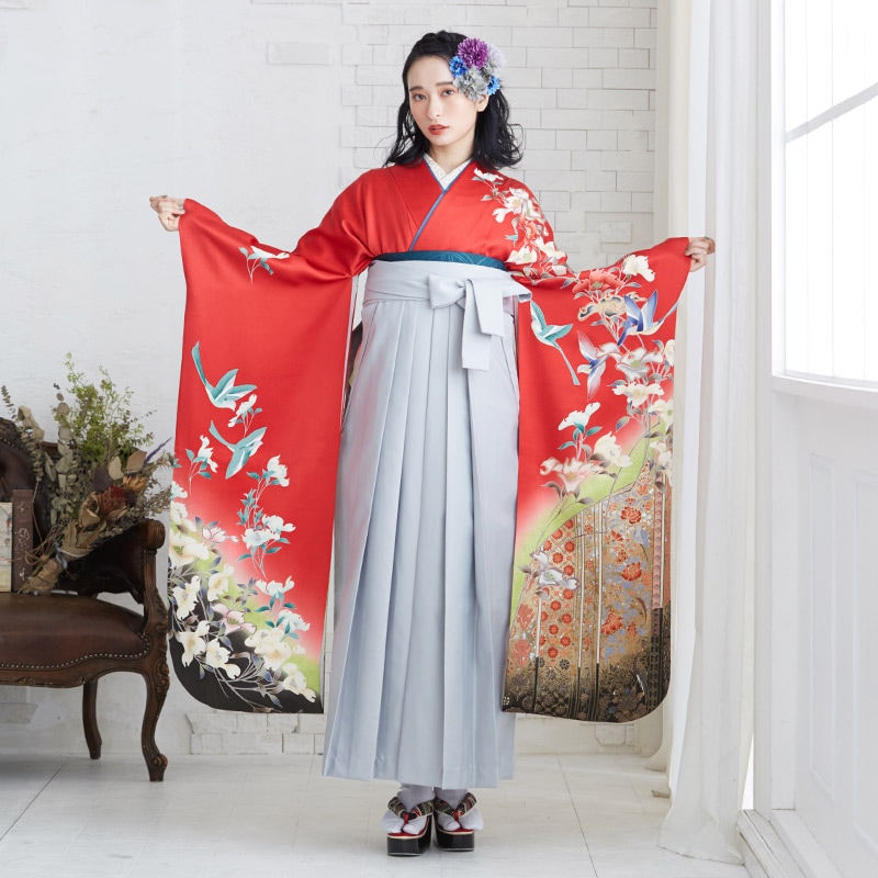  【SALE】 赤 遊鳥花の苑  絹  宅 レンタル 振袖袴 R833