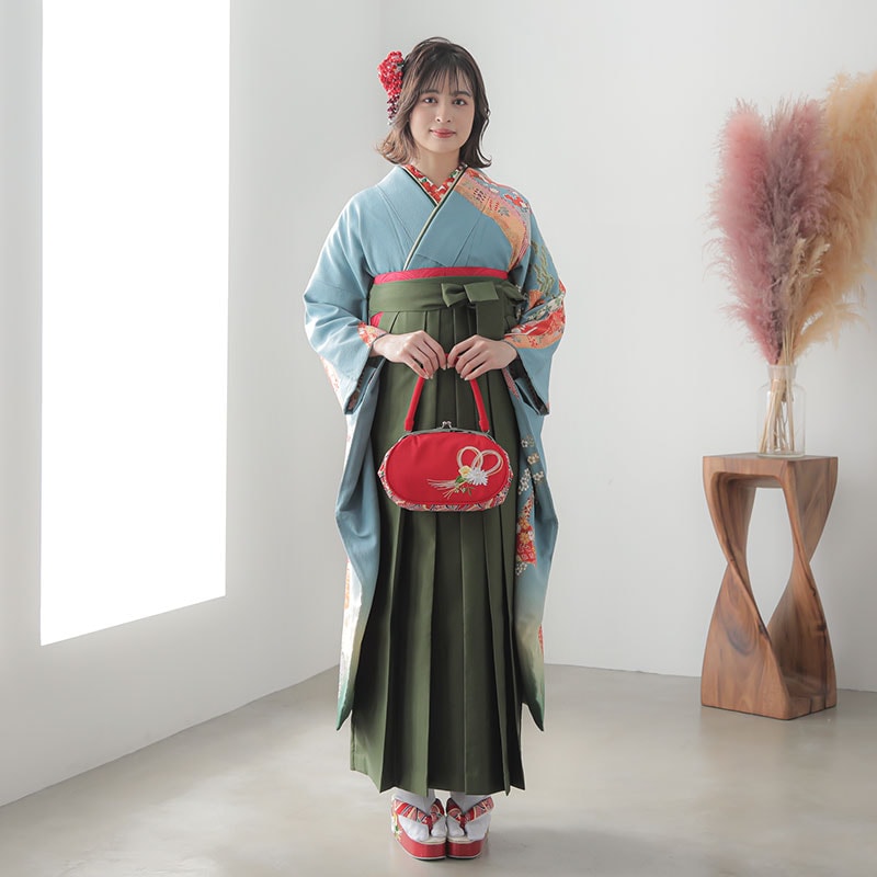  【SALE】 水色　熨斗に松梅  絹 レンタル 振袖袴 R827