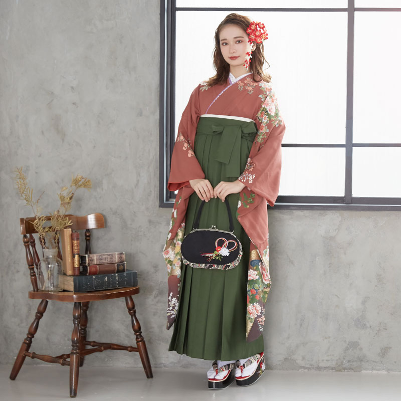  【SALE】 薄茶 屏風牡丹花車  絹  宅 レンタル 振袖袴 R813