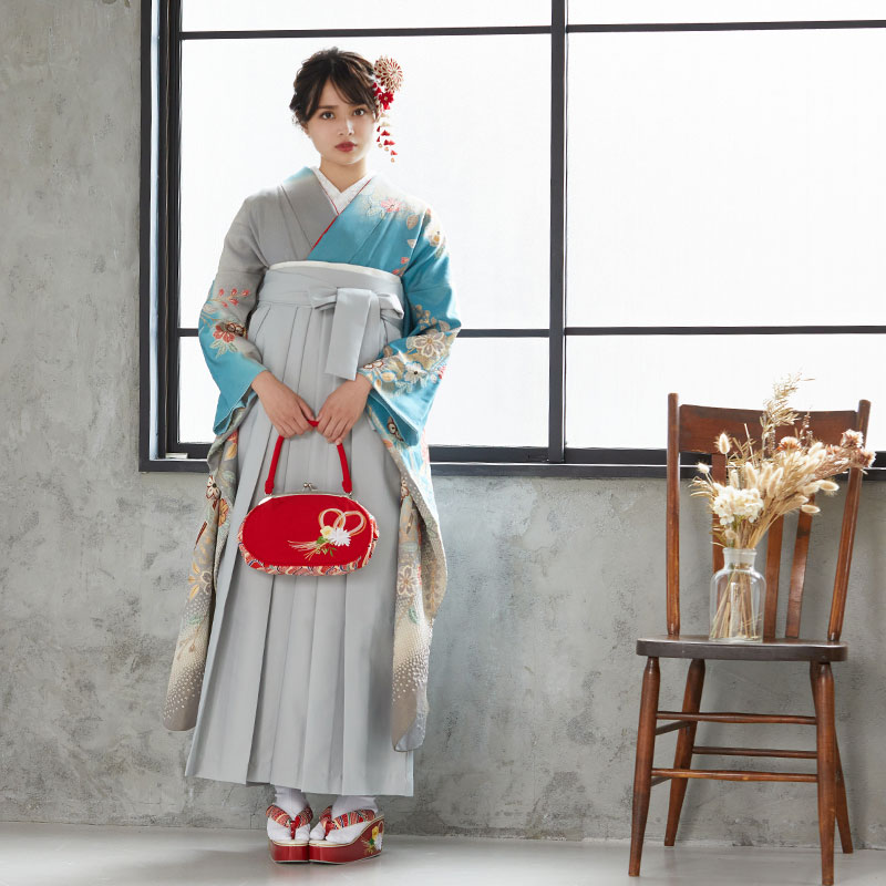  【SALE】 水色 枝垂八重桜に鳳凰  絹 レンタル 振袖袴 R812