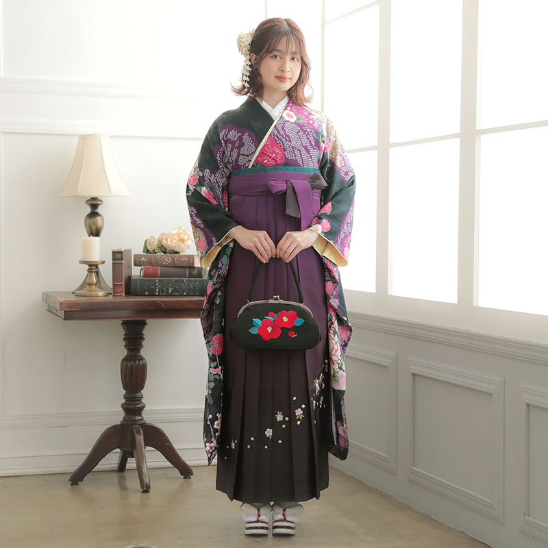  【SALE】 黒　疋田雲に菊文様 絹  宅  Web限定商品 レンタル 振袖袴 R811