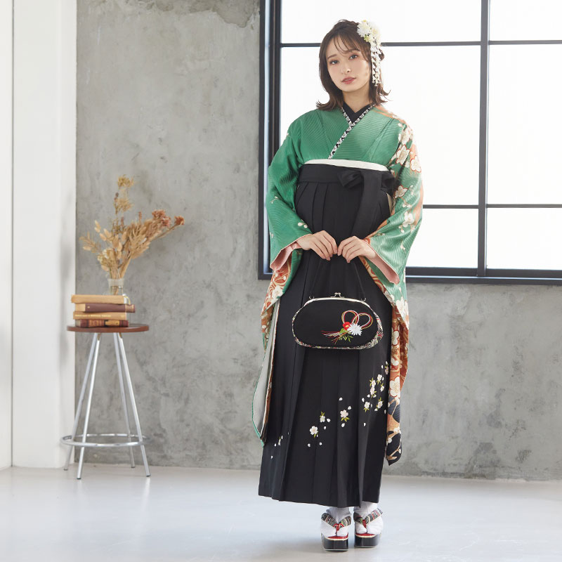  【SALE】 緑 梅に観世水  絹 レンタル 振袖袴 R808