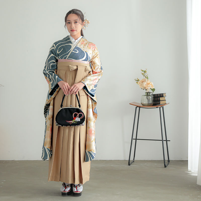  【SALE】 紺鼠　雲取菊牡丹に観世水  絹 レンタル 振袖袴 R805