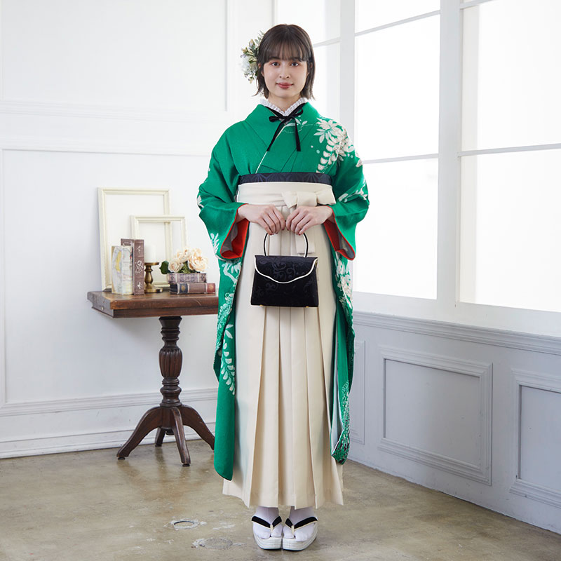  【SALE】 緑 しだれ藤に辻が花  絹  宅  Web限定商品 レンタル 振袖袴 R803