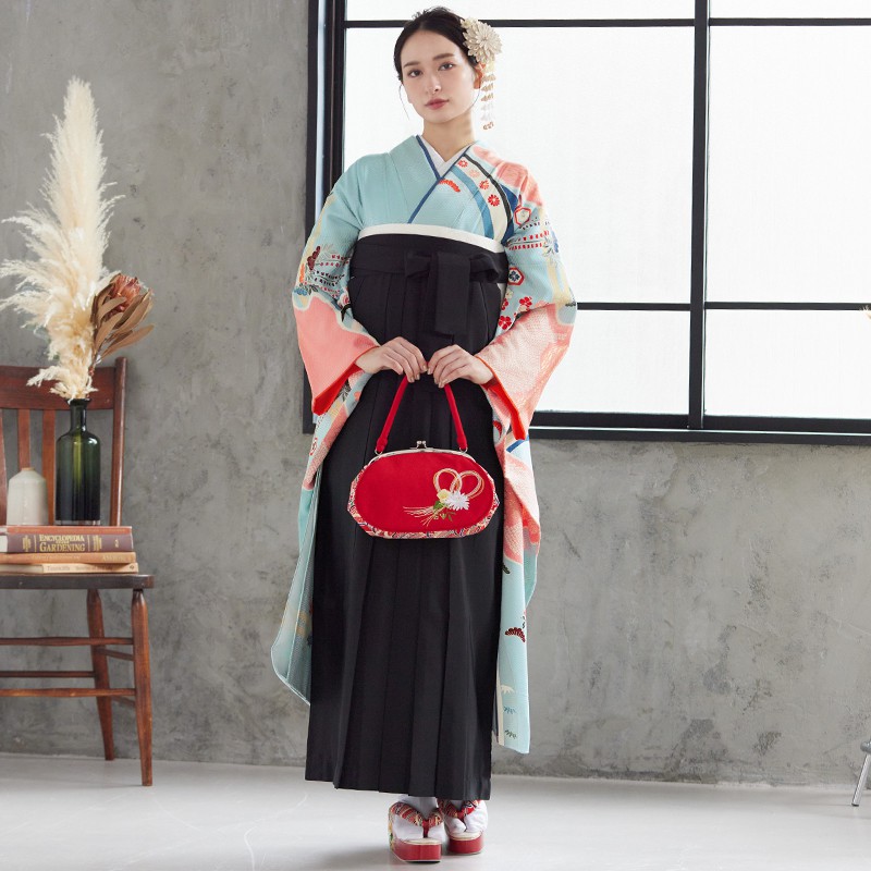  【SALE】 水色　霞に吉祥花車  絹  宅 レンタル 振袖袴 R801