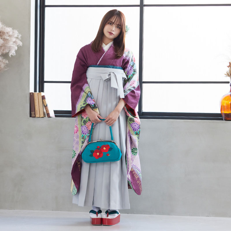  【SALE】 赤紫 絞り 唐草菊牡丹  絹 レンタル 振袖袴 R795