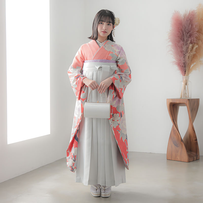  【SALE】 コーラル　絞り　梅と牡丹  絹 レンタル 振袖袴 R794