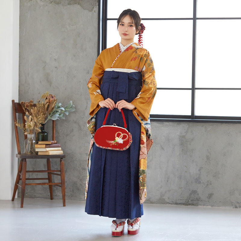  【SALE】 金茶 金彩波に菊花  絹 レンタル 振袖袴 R792