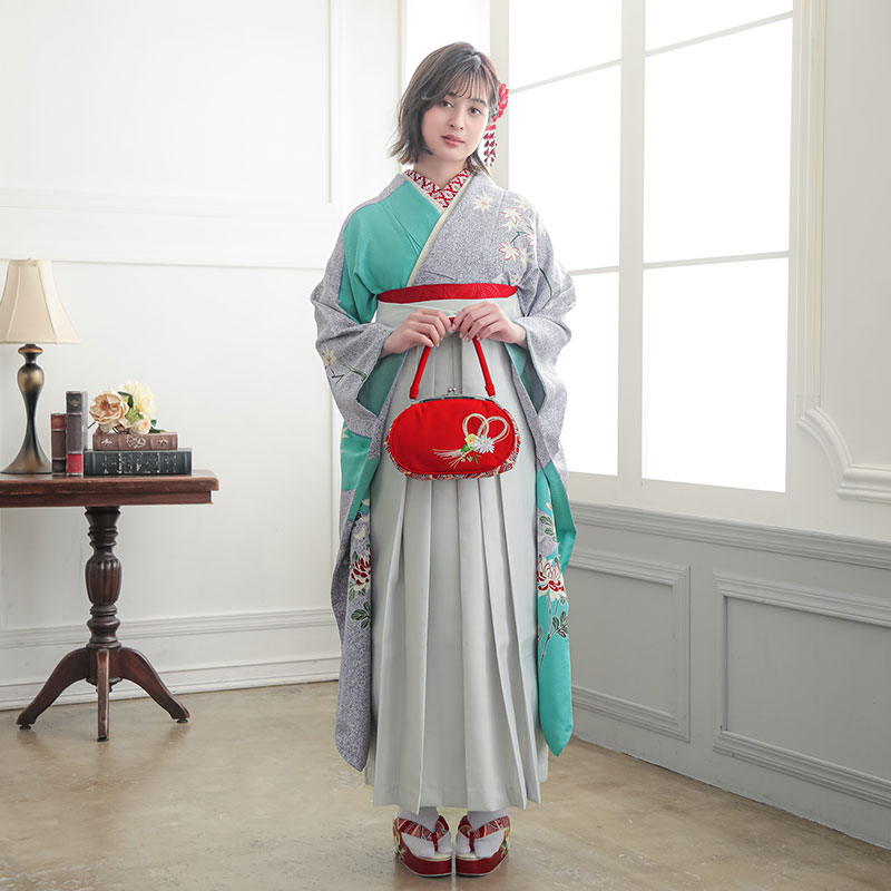  【SALE】 グリーン　楓に菊花 絹 レンタル 振袖袴 R790