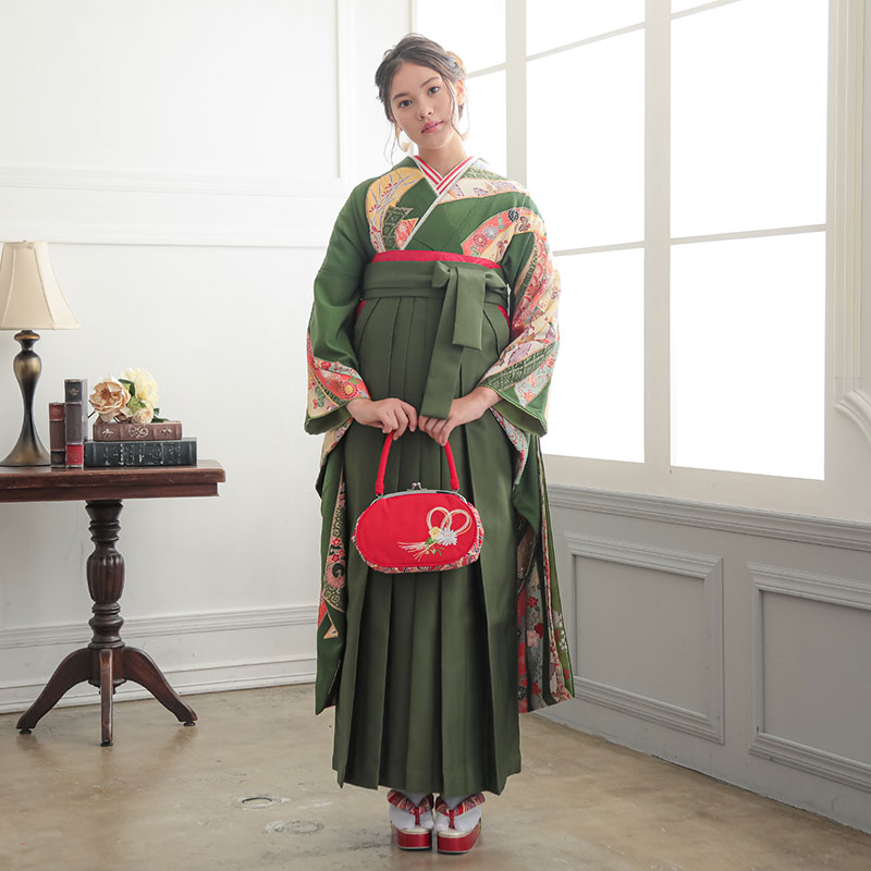  【SALE】 緑　吉祥大熨斗目  絹 レンタル 振袖袴 R787