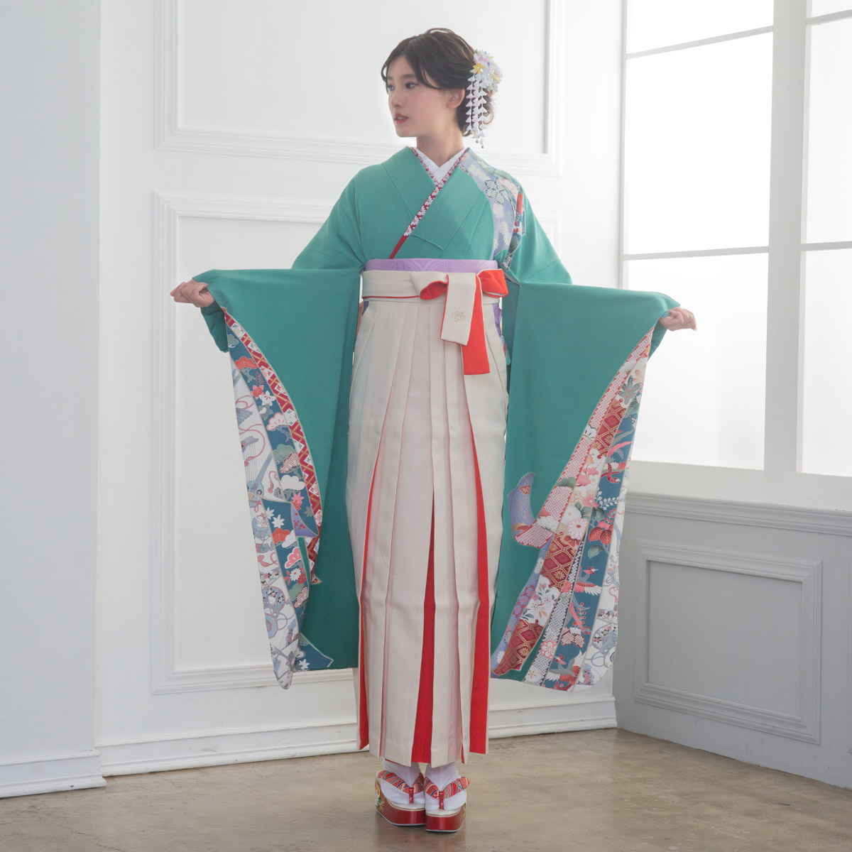  【SALE】 薄緑 吉祥熨斗文様  絹  宅  Web限定商品 レンタル 振袖袴 R786