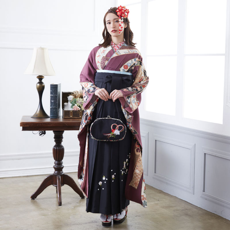  【SALE】 紫 吉祥大熨斗目  絹  宅 レンタル 振袖袴 R785