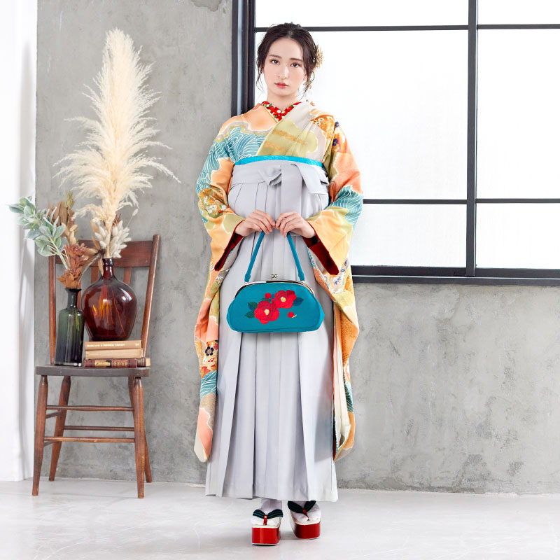  【SALE】 オレンジ 四季の彩り  絹 レンタル 振袖袴 R784