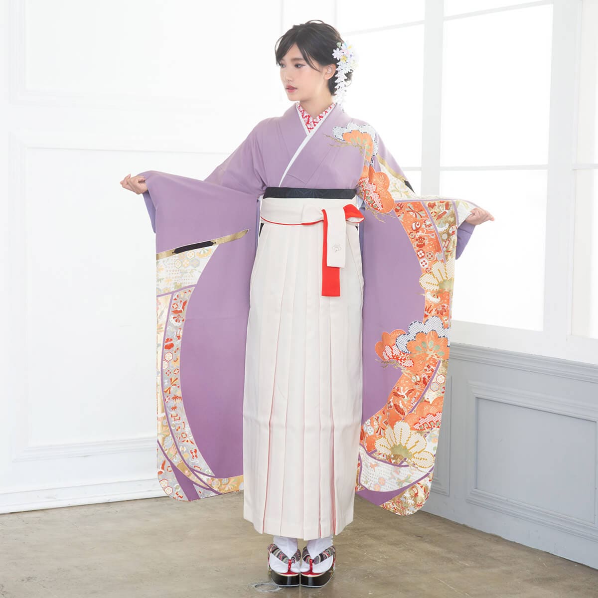  【SALE】 薄紫 几帳に疋田松模様  絹  宅  Web限定商品 レンタル 振袖袴 R783