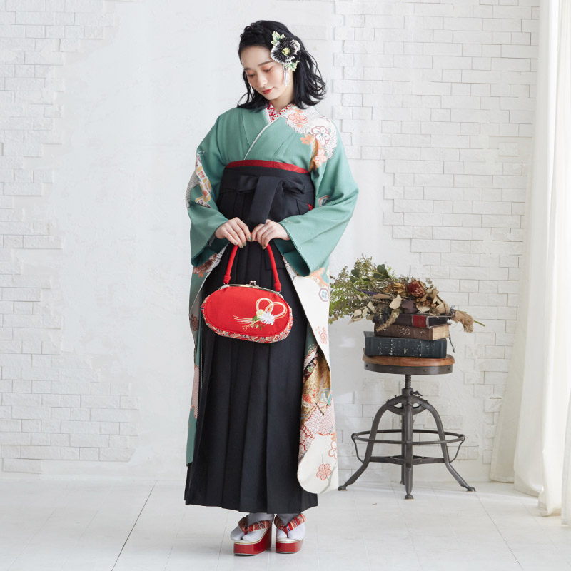  【SALE】 薄緑 疋田雲に几帳  絹  宅  Web限定商品 レンタル 振袖袴 R782