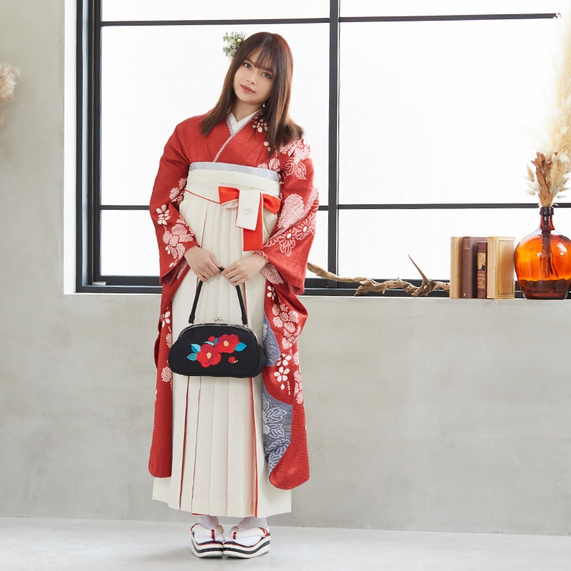  【SALE】 赤 絞り 枝垂れ梅と牡丹  絹 レンタル 振袖袴 R779