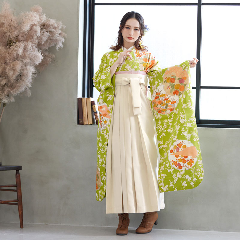  若草色　雪輪四季花文  絹 レンタル 振袖袴 R777
