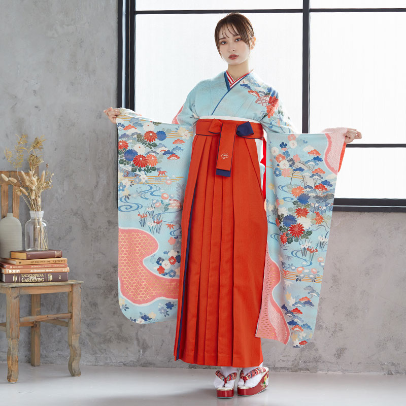  【SALE】 水色 霞に茶屋辻模様  絹  宅 レンタル 振袖袴 R773