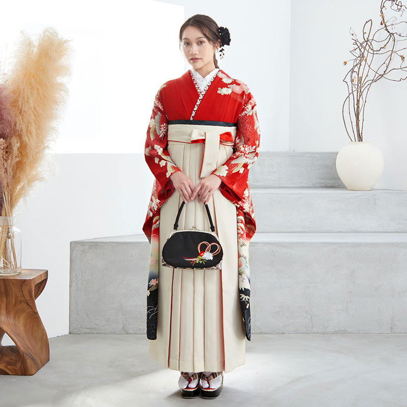 赤　松に四季花 絹 宅 Web限定商品 レンタル 振袖袴 R771