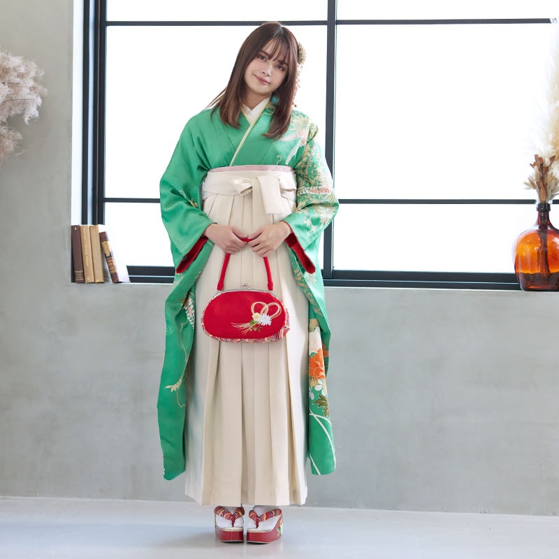  【SALE】 緑 緑風牡丹に四季花  絹  袴 レンタル 振袖袴 R770