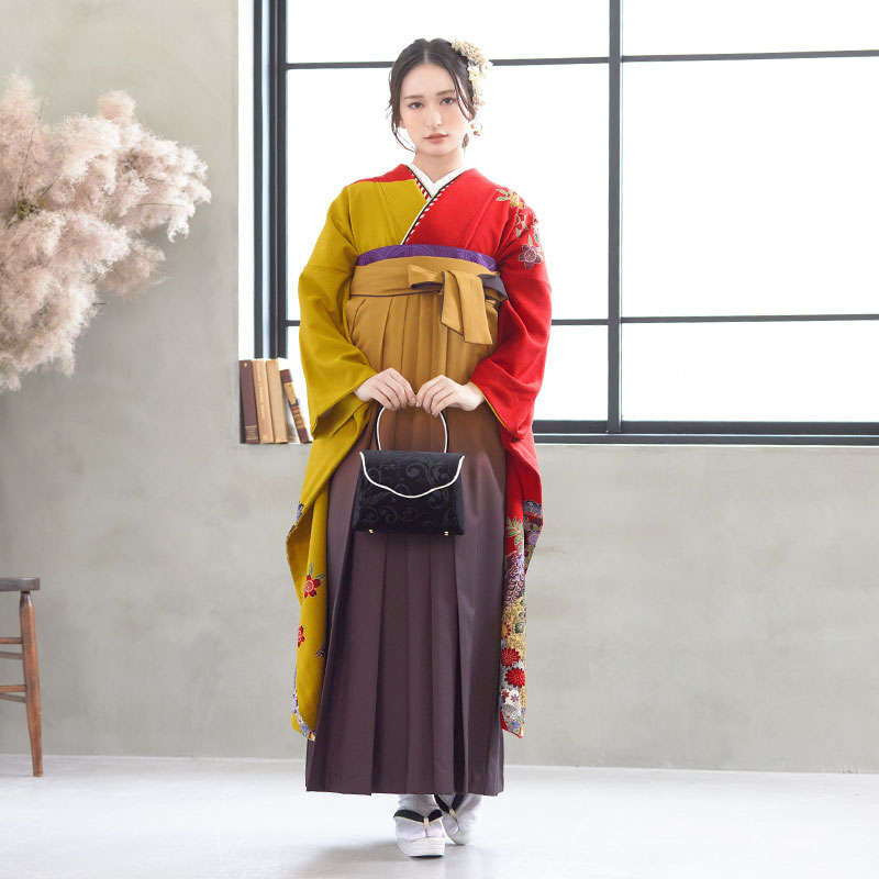  【SALE】 金茶×赤 菊牡丹に流水  絹 レンタル 振袖袴 R763