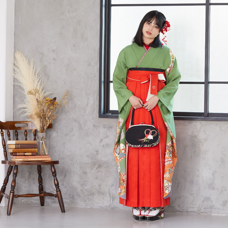  【SALE】 浅緑 扇面に団扇  絹  宅  Web限定商品 レンタル 振袖袴 R762