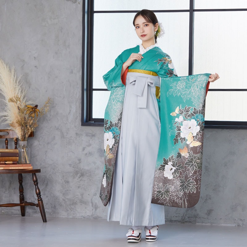  【SALE】 ラメグリーン 牡丹に蝶  絹 レンタル 振袖袴 R757