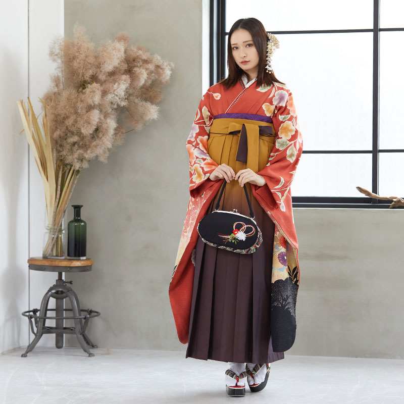  【SALE】 赤 桜菊花に水車  絹  宅  Web限定商品 レンタル 振袖袴 R756