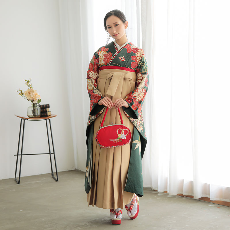  【SALE】 深緑　菊と笹に宝尽くし  絹 レンタル 振袖袴 R755