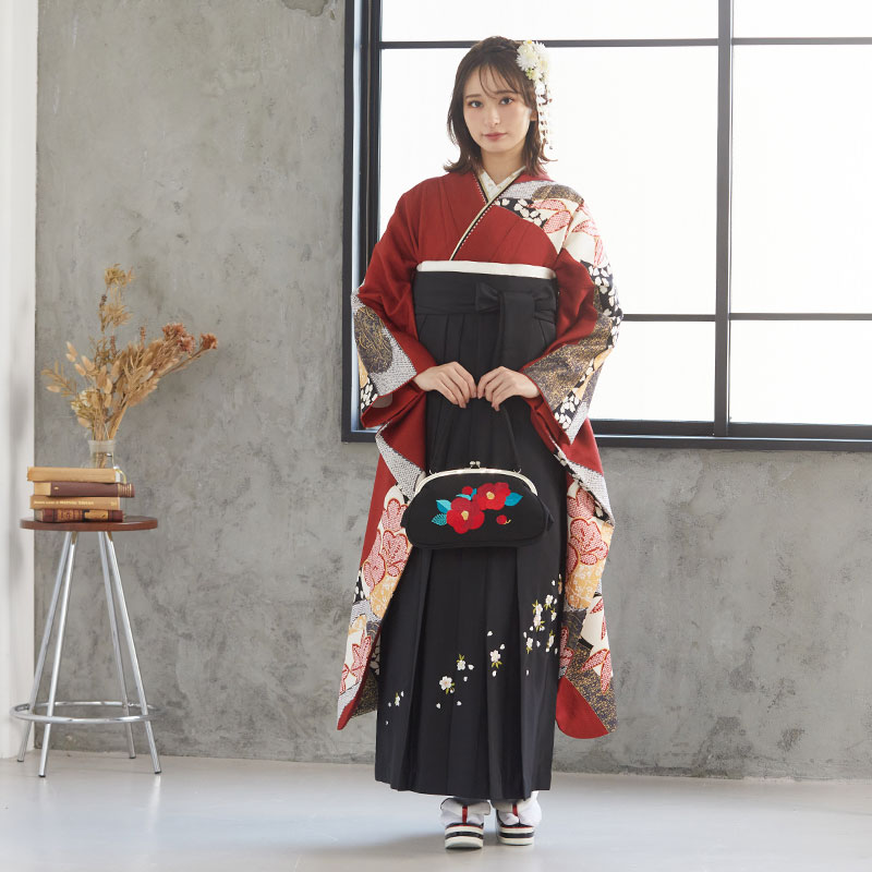  【SALE】 赤 疋田梅と笹文様  絹 レンタル 振袖袴 R753
