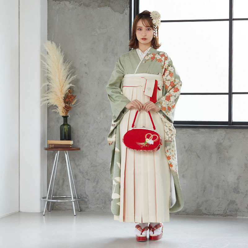  緑灰色 桜楓梅に鶴  絹  宅  Web限定商品 レンタル 振袖袴 R731