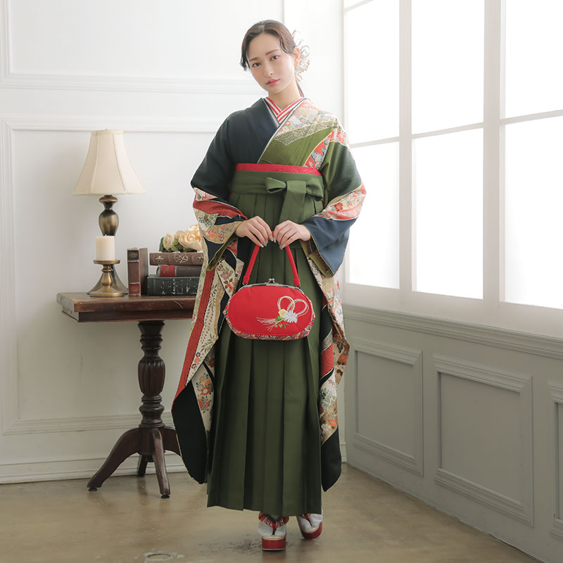  緑×紺　大熨斗目  絹  宅 レンタル 振袖袴 R728