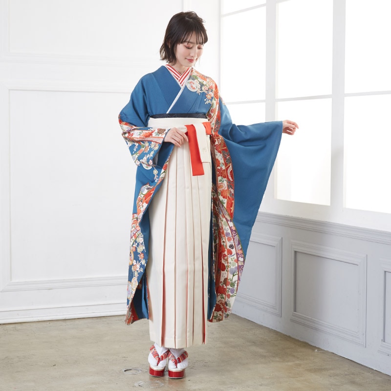  青 枝桜に熨斗目文  絹  宅 レンタル 振袖袴 R727