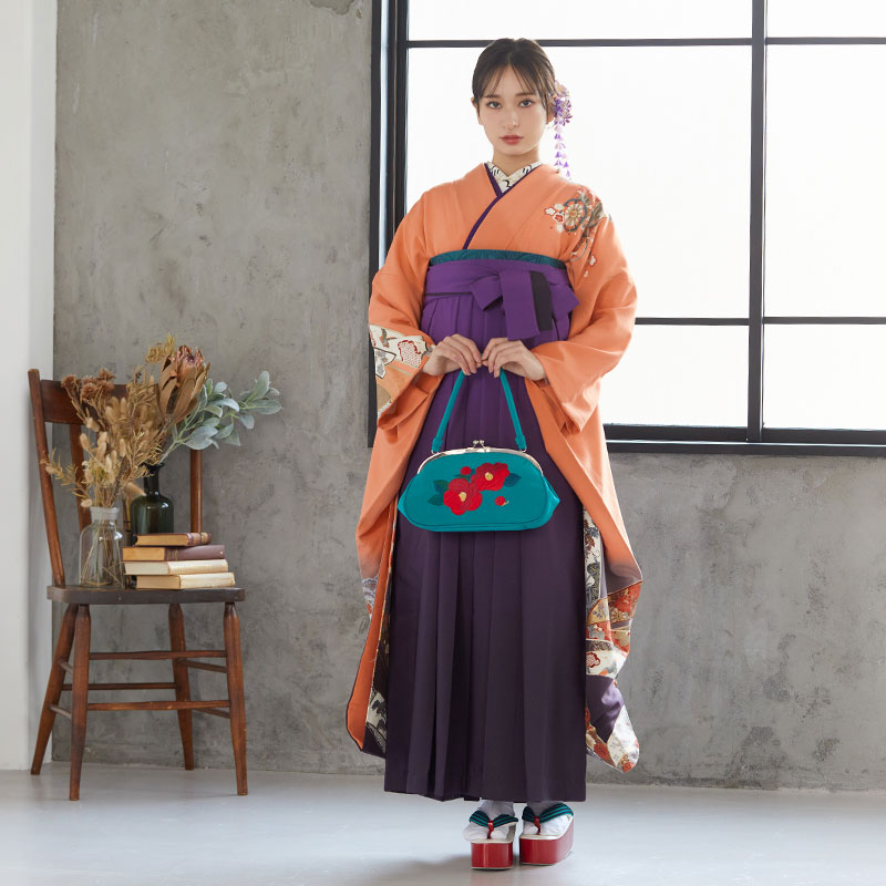  【SALE】 オレンジ 吉祥松葉に御所車  絹  宅  Web限定商品 レンタル 振袖袴 R724