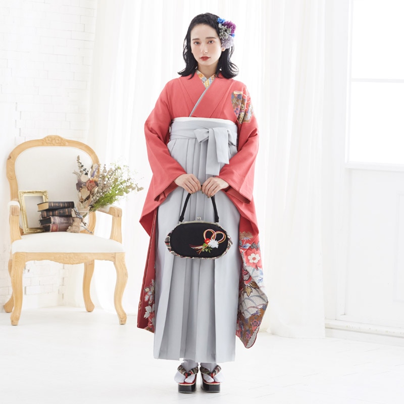  【SALE】 珊瑚色 変り牡丹に誰が袖  絹  宅  Web限定商品 レンタル 振袖袴 R721