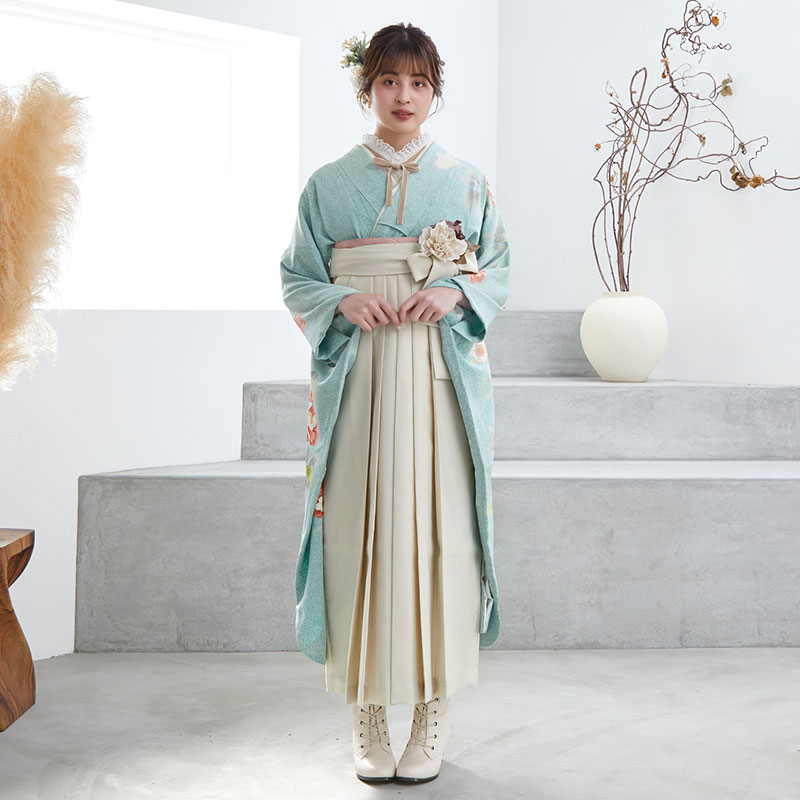  【SALE】 ブルー　清華牡丹  絹 レンタル 振袖袴 R706