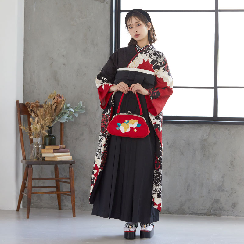  赤・黒 シルエットローズ  R700  絹 レンタル 振袖袴 R699