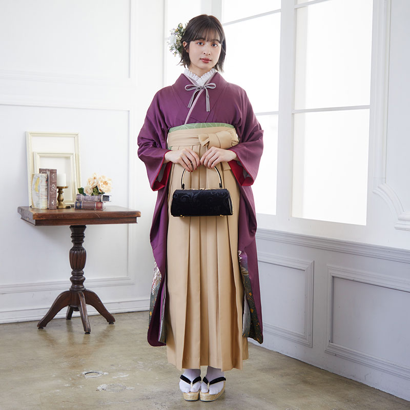  【SALE】 紫 椿と牡丹  絹  宅  Web限定商品 レンタル 振袖袴 R698