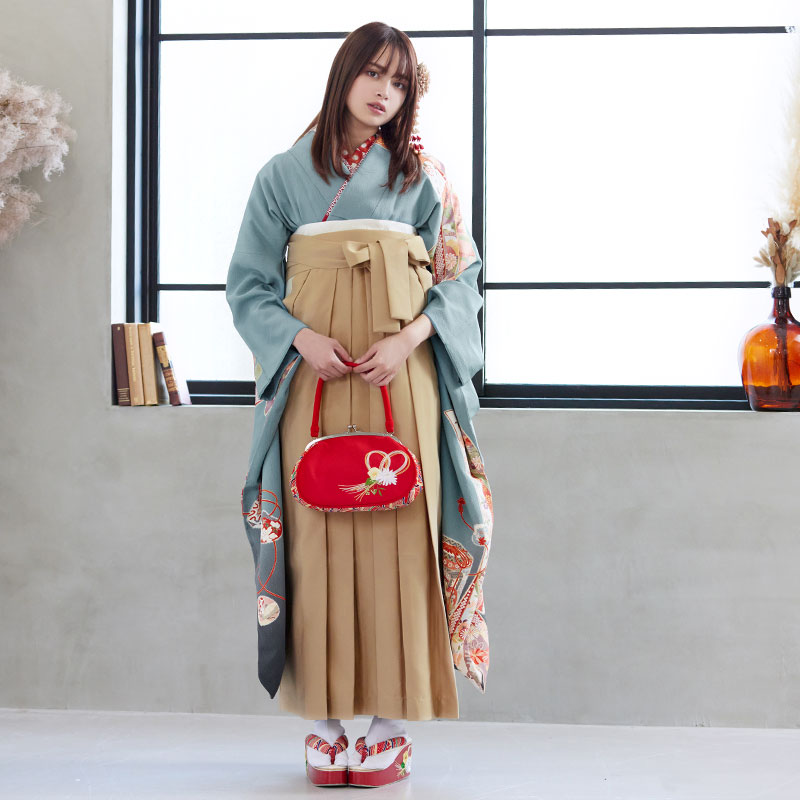  【SALE】 水色 熨斗に貝桶  絹 レンタル 振袖袴 R683