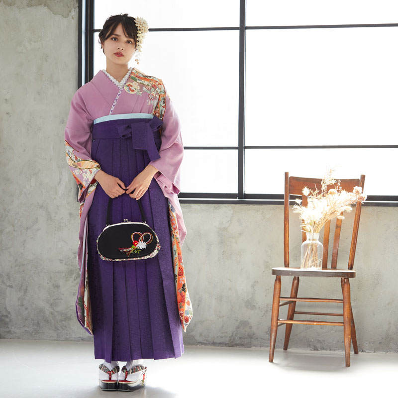  【SALE】 藤色 枝桜に熨斗目文  絹 レンタル 振袖袴 R676