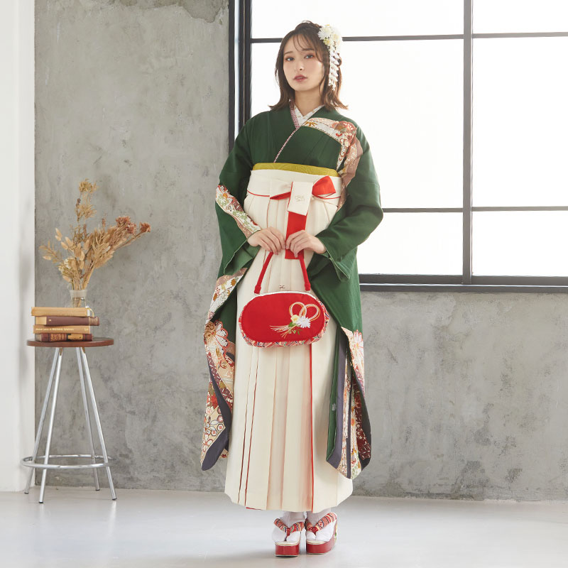  【SALE】 深緑 熨斗に菊文  絹  宅  Web限定商品 レンタル 振袖袴 R674