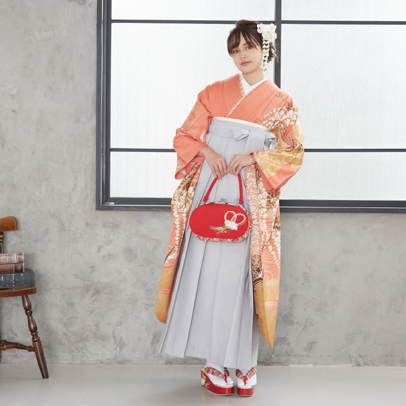  【SALE】 珊瑚色 藤柳橋に水車  絹  宅 レンタル 振袖袴 R673