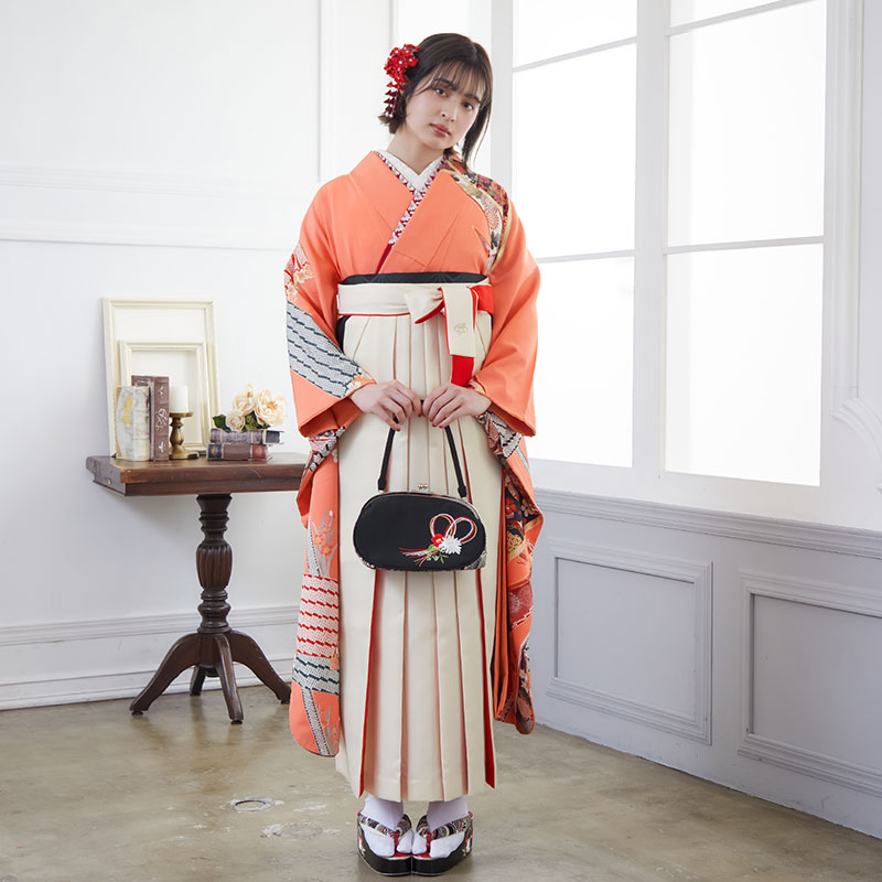  【SALE】 オレンジ 源氏車に宝尽くし  絹  宅  Web限定商品 レンタル 振袖袴 R671