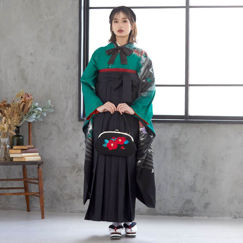  【SALE】 グリーン 蝶の舞  絹  宅  Web限定商品 レンタル 振袖袴 R669