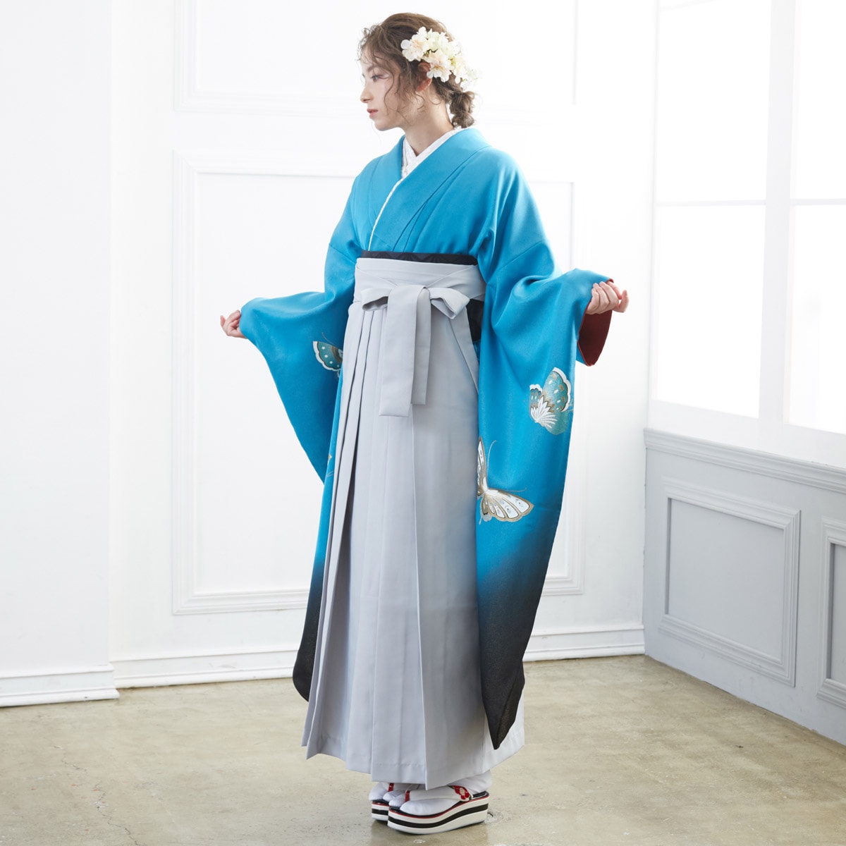  【SALE】 ブルー ラメ入り 金彩蝶 絹  宅  Web限定商品 レンタル 振袖袴 R664