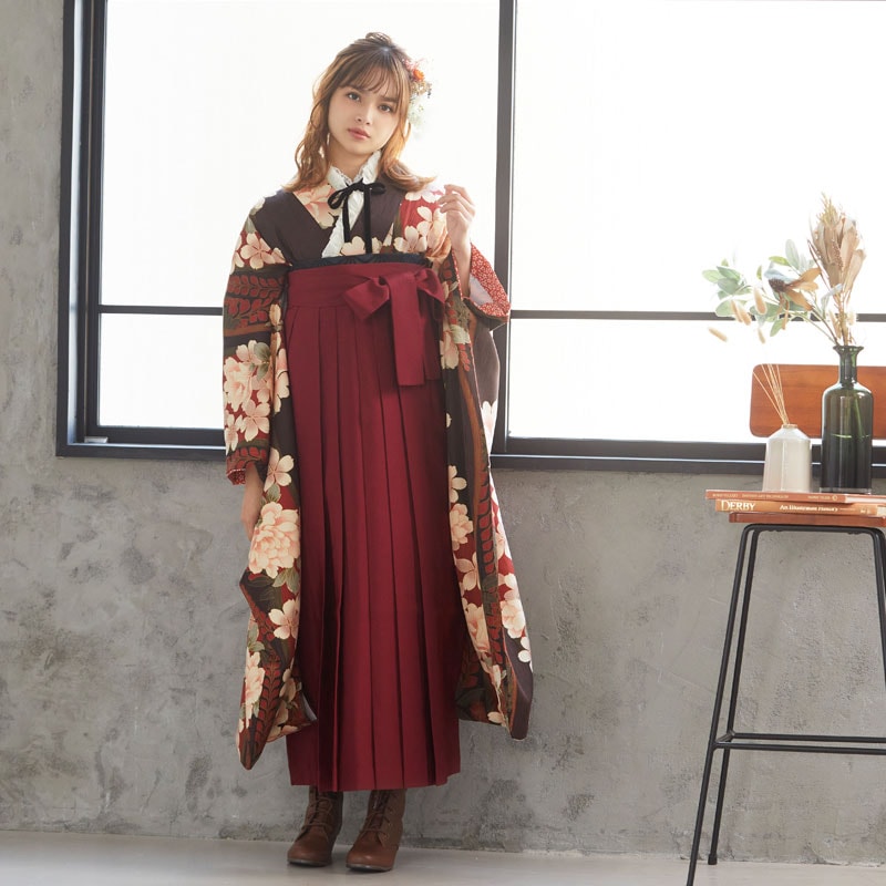  【SALE】 茶 桜牡丹に藤 宅  R1850  Web限定商品 レンタル 振袖袴 R651